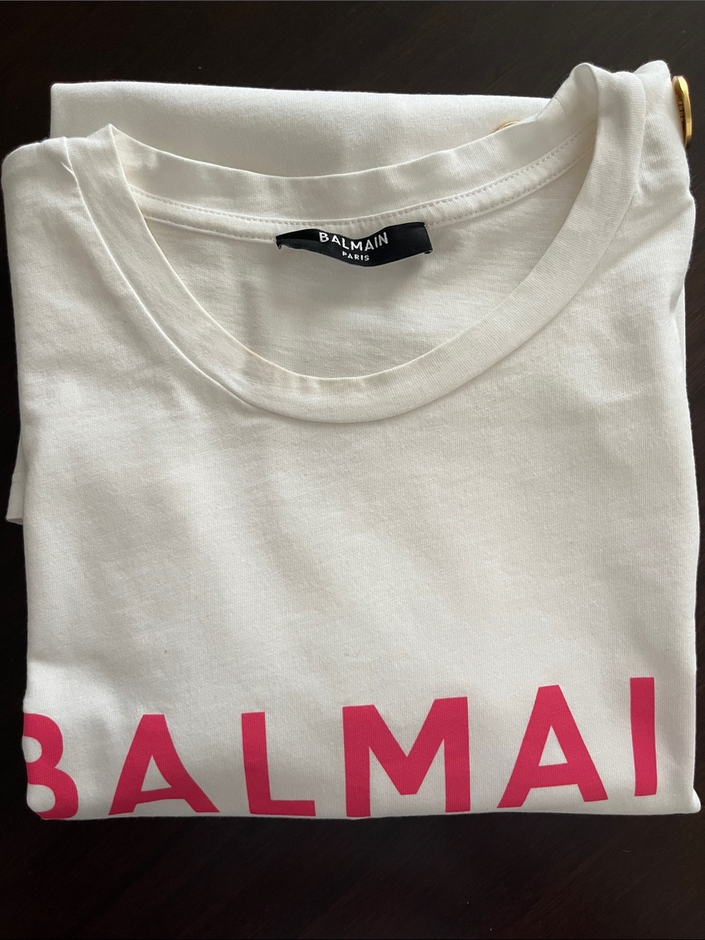 Balmain White Tee with Pink Logo and Gold Buttons - Picture 3 of 7